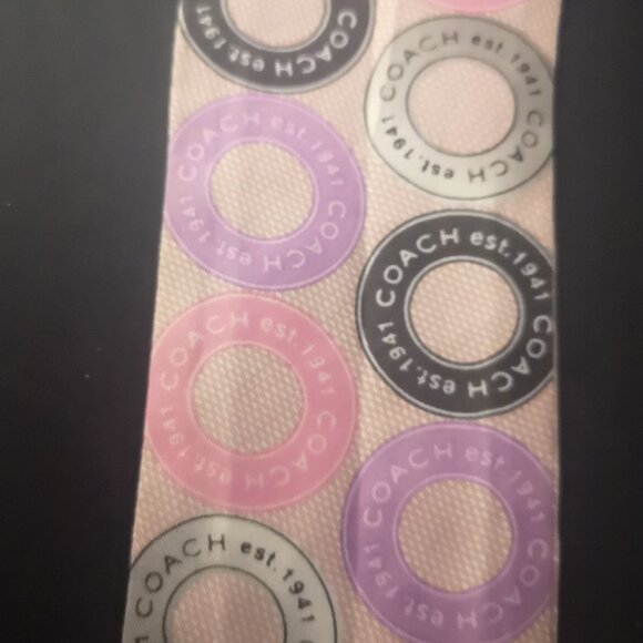 Coach Pink,Tan, Purple & Black Medallion Silk Skinny Scarf - Picture 2 of 4